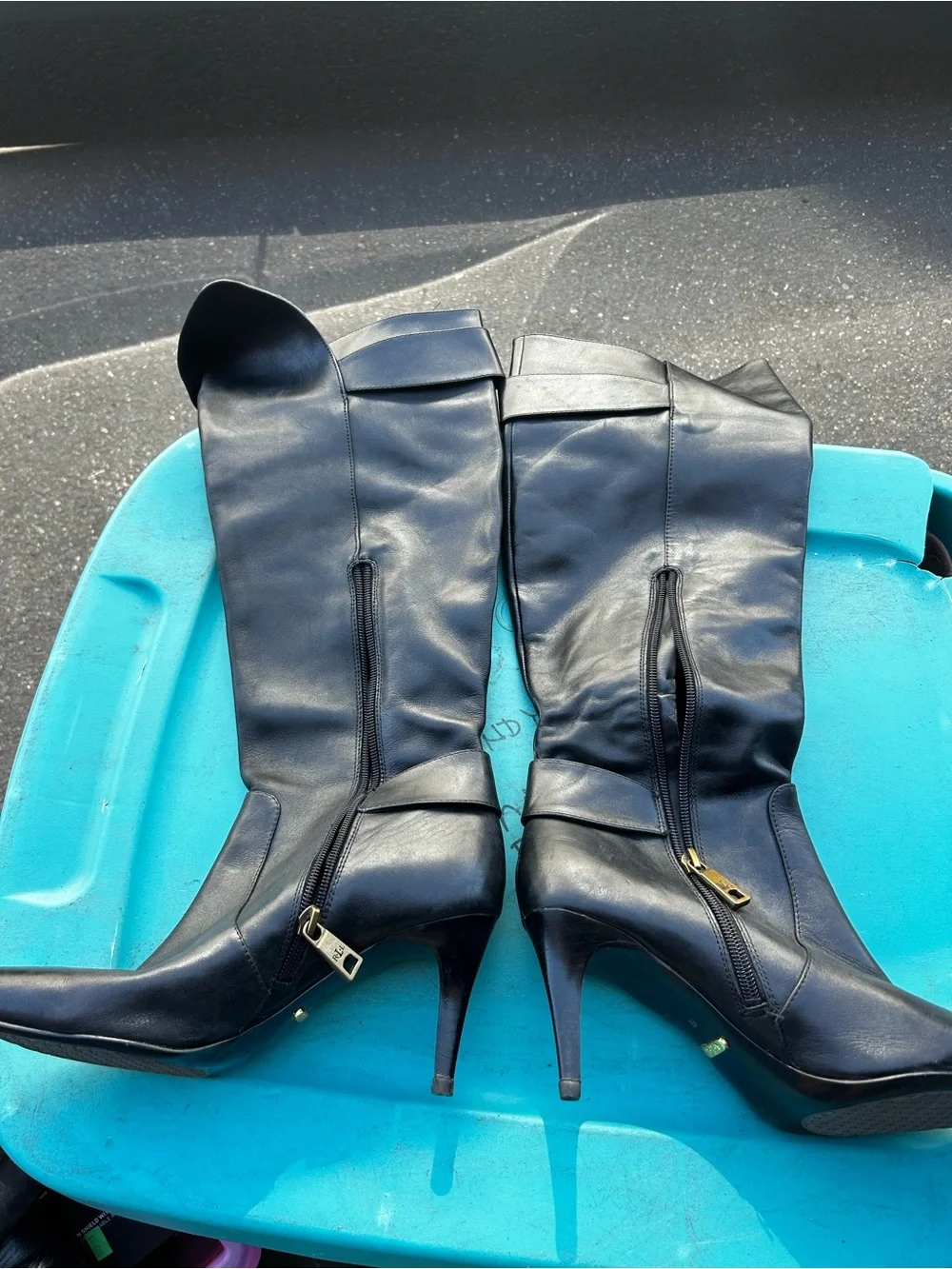 Lauren Ralph Lauren Black Leather Knee-High Boots with Gold Buckles Size 8B
